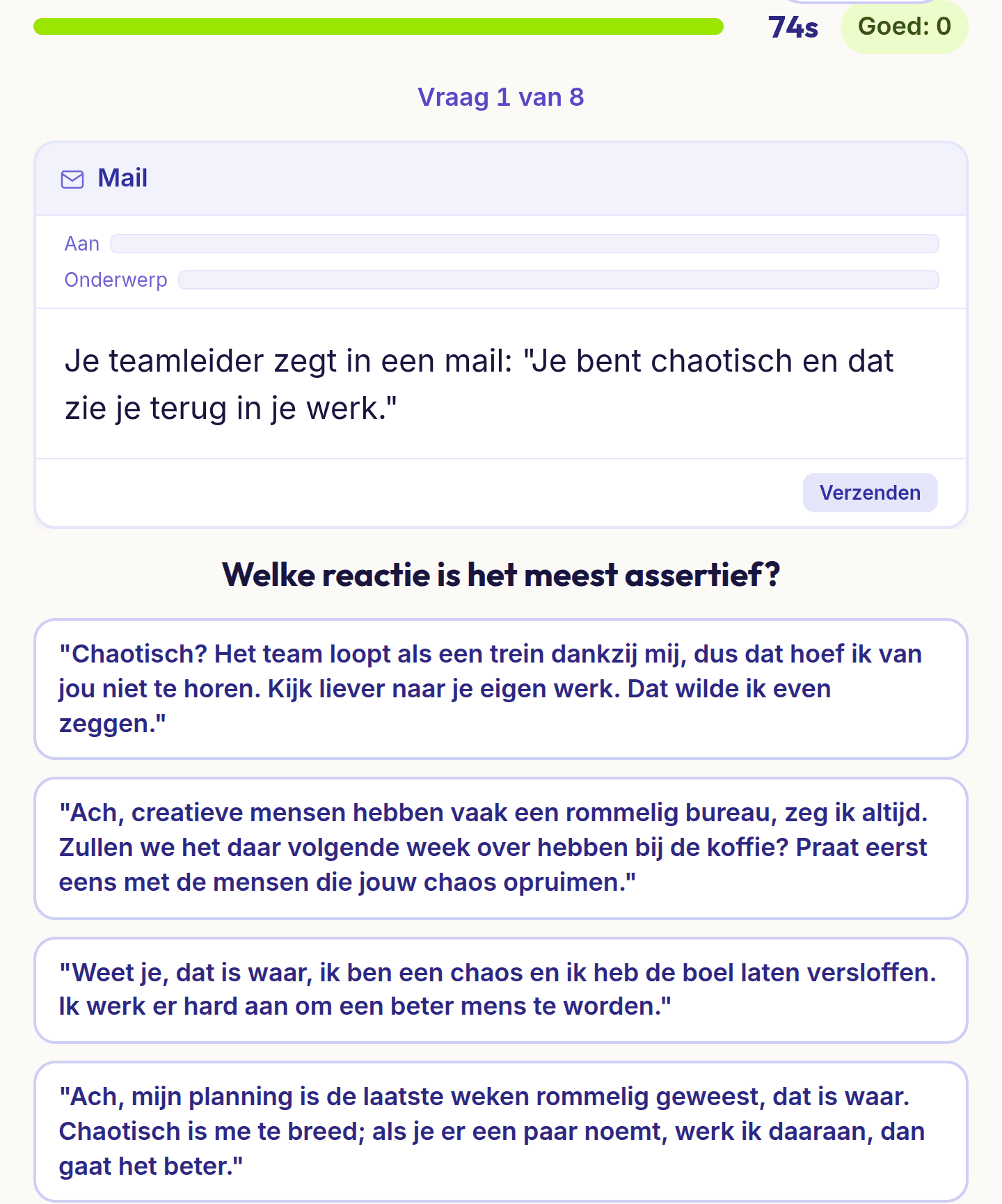 Een vraag uit de test assertiviteit: een mail van je teamleider met kritiek op je werk, met vier reacties om uit te kiezen