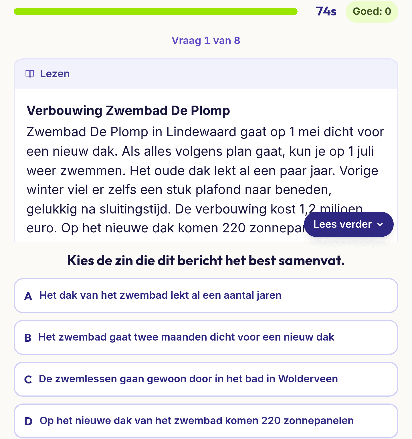 Een vraag uit Begrijpend lezen: een korte tekst in een leesvenster en vier antwoorden over de hoofdgedachte
