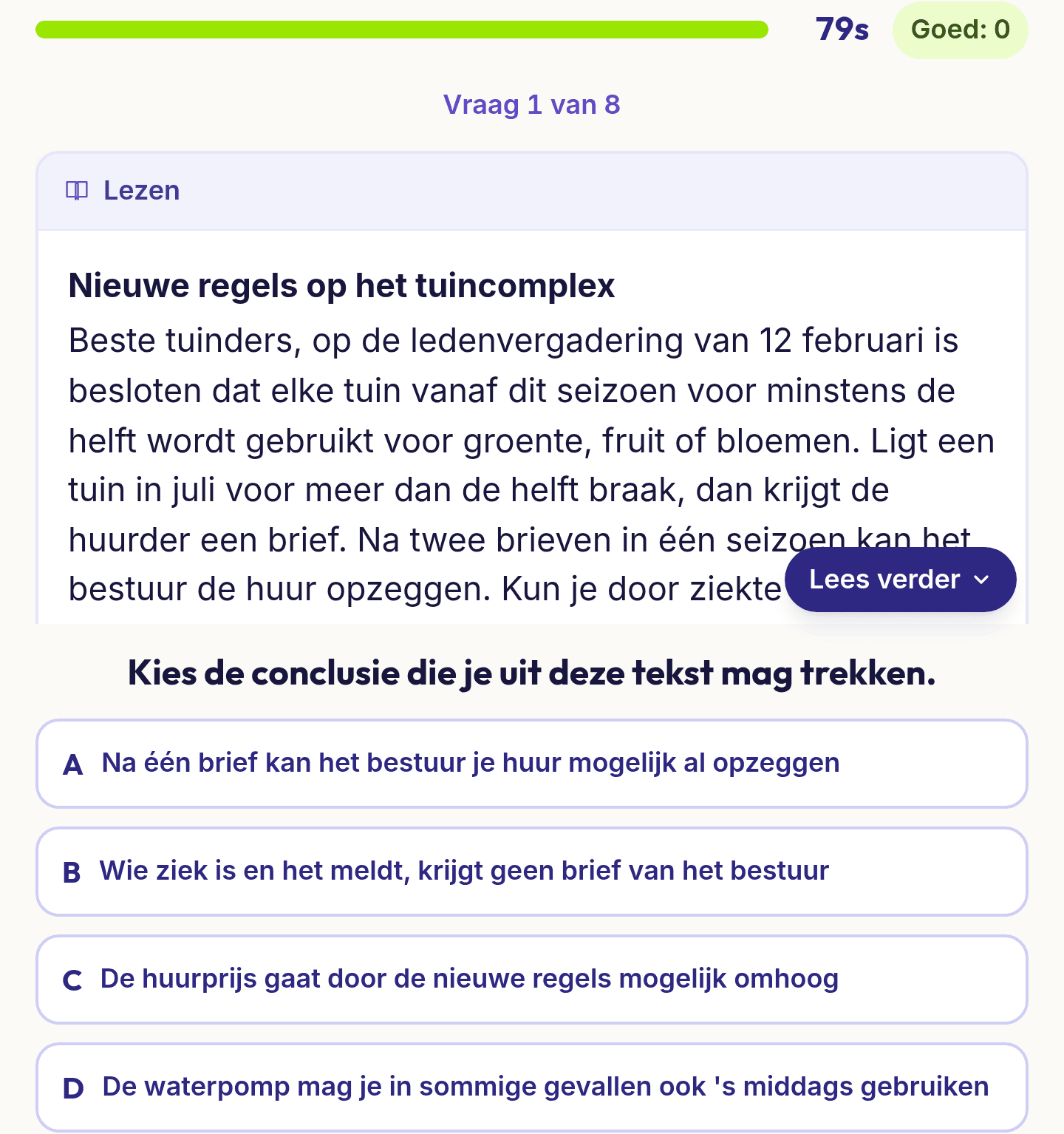 Een vraag uit Begrijpend lezen: een tekst in een leesvenster en vier conclusies, waarvan er een te ver gaat