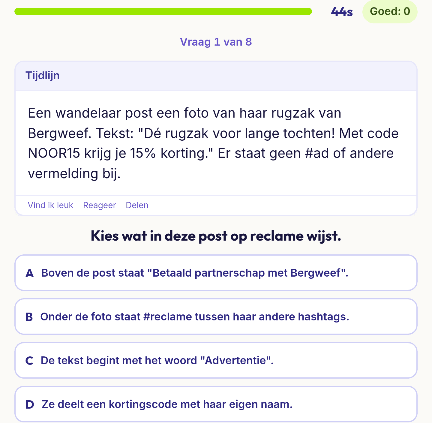 Een vraag uit Nieuws en bronnen checken: een bericht in een tijdlijn dat reclame kan zijn