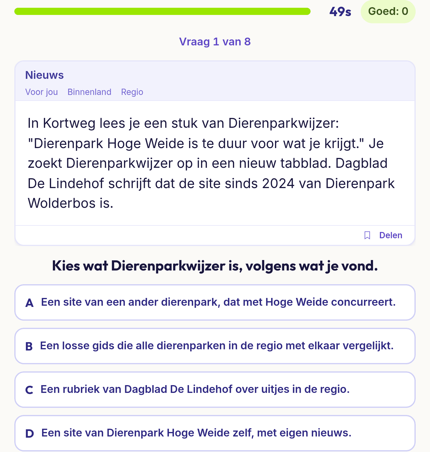 Een vraag uit Nieuws en bronnen checken: een bericht in een nieuwsapp en vier antwoorden