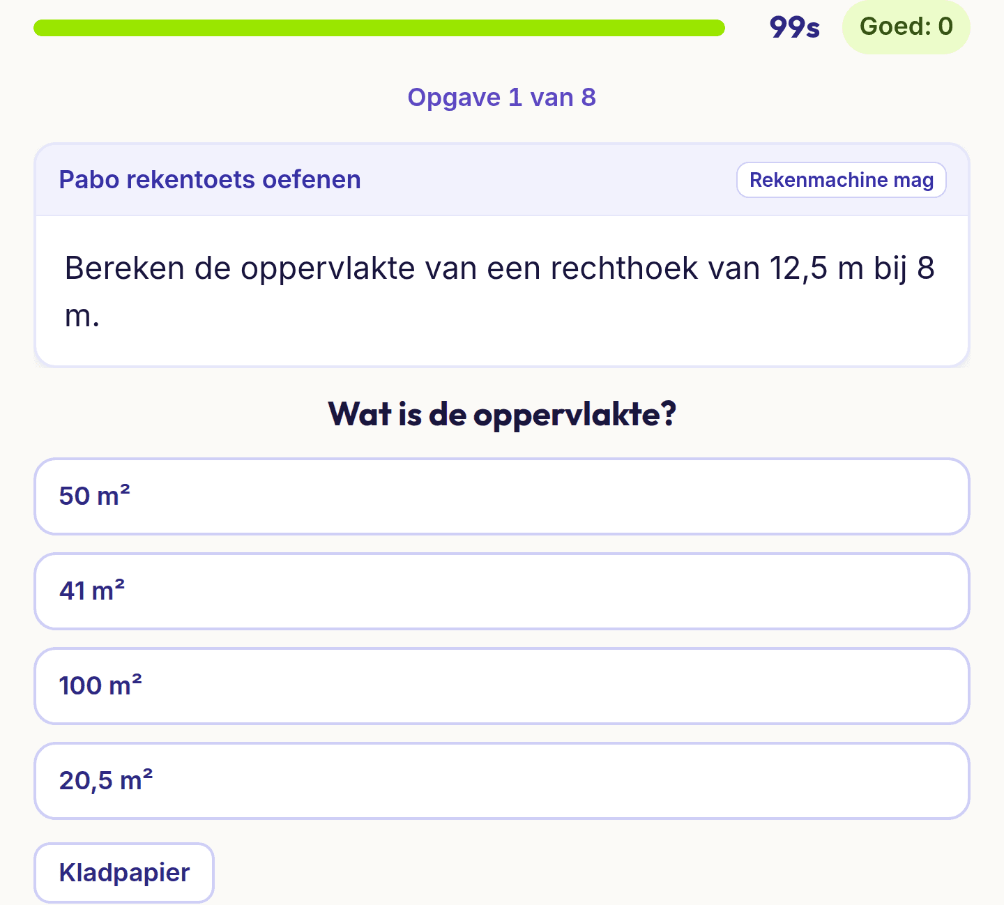 Een opgave uit Pabo rekentoets oefenen: het oefentoetsscherm met het label rekenmachine mag, een opgave over meten en vier antwoorden