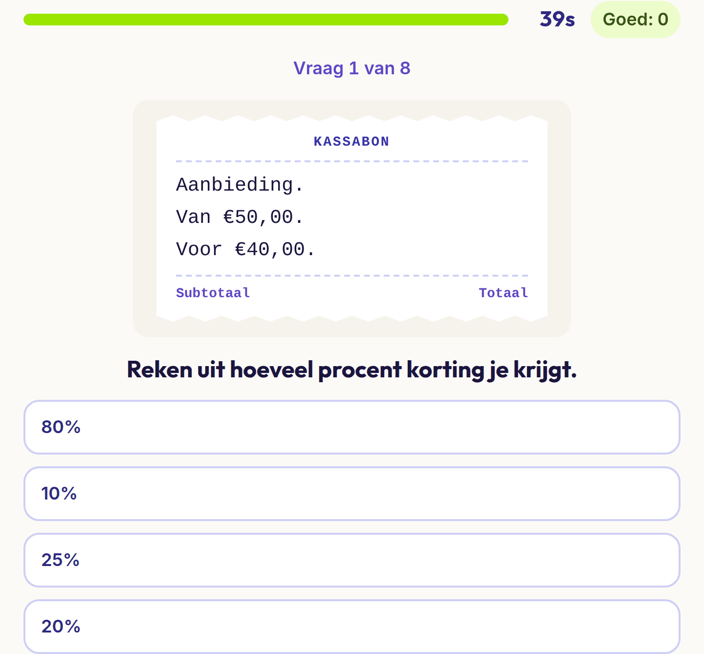 Een vraag uit de test rekenen: een kassabon met een korting, met vier antwoorden