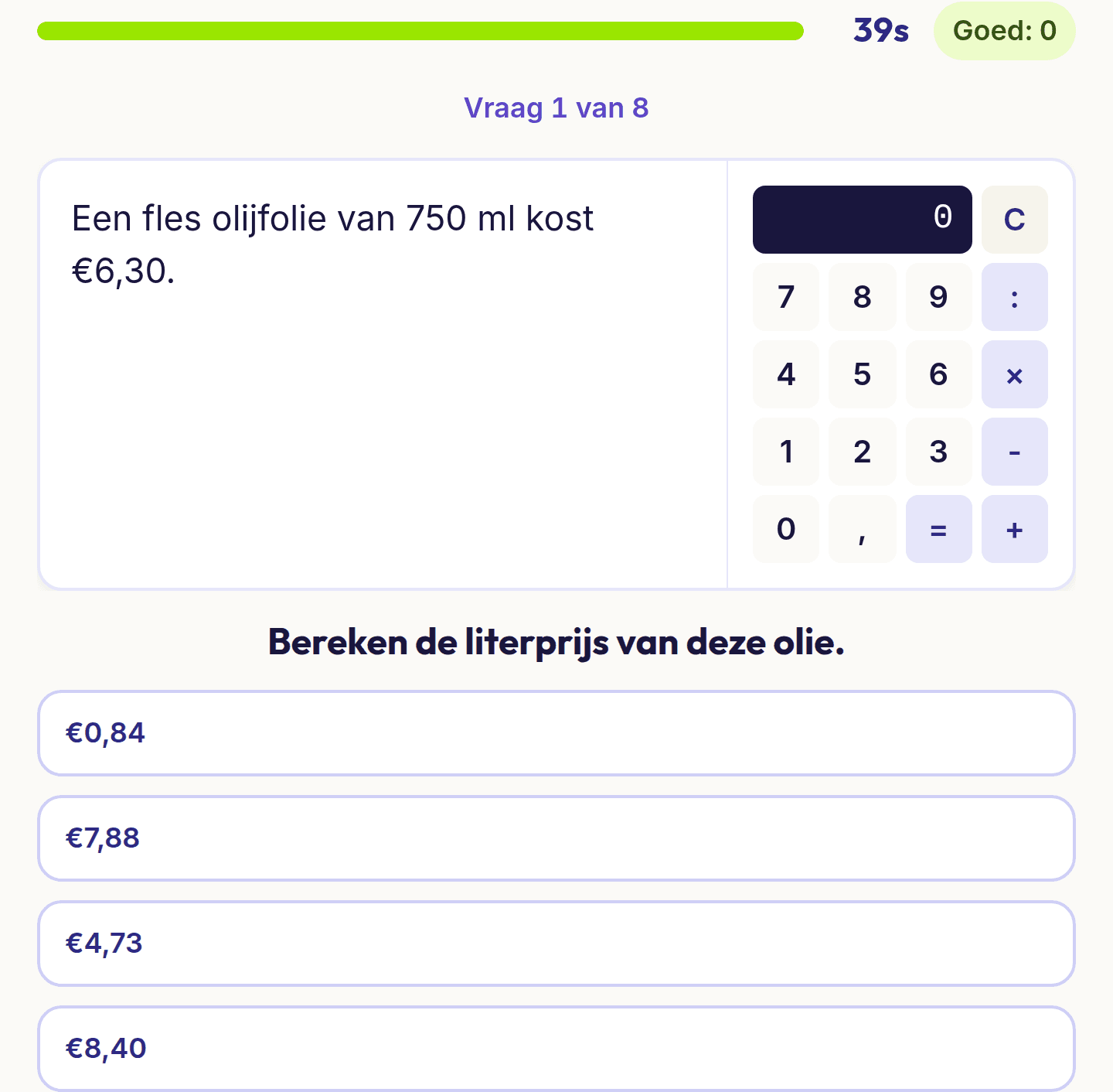 Een vraag uit de test rekenen: de literprijs van een fles olijfolie, met een rekenmachine en vier bedragen