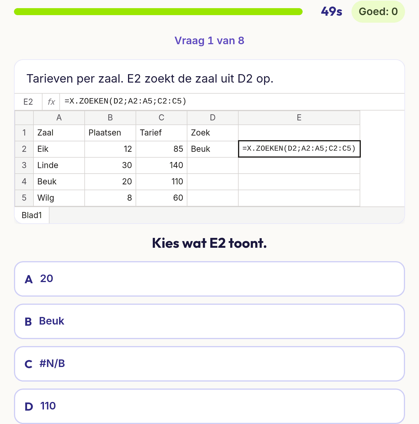 Een vraag uit Spreadsheets: een tabel met artikelnummers en een opzoekformule, met vier antwoorden over wat de cel toont