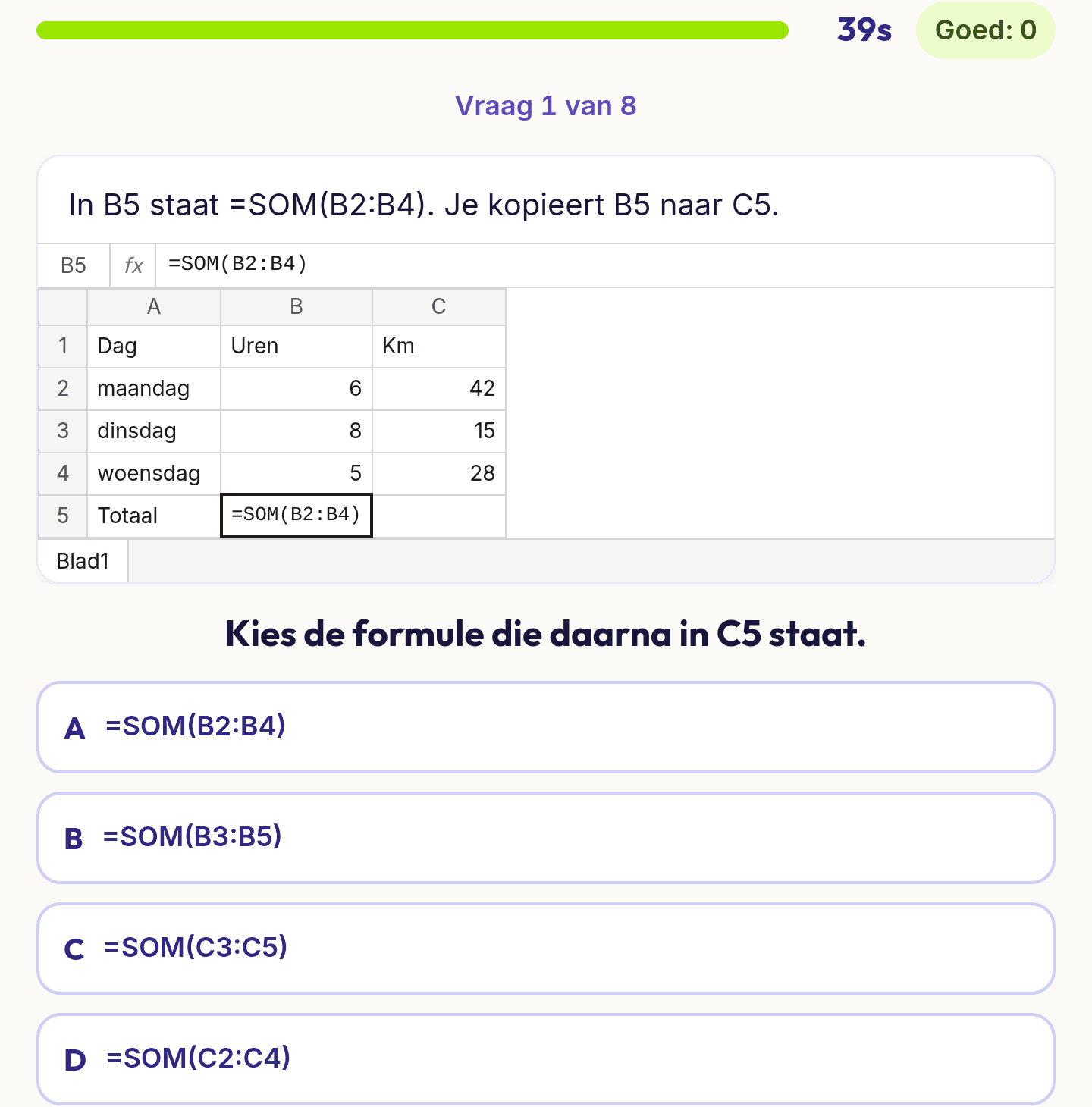 Een vraag uit Spreadsheets: een stuk blad met een formule in de actieve cel en vier antwoorden over wat er gebeurt als je hem kopieert