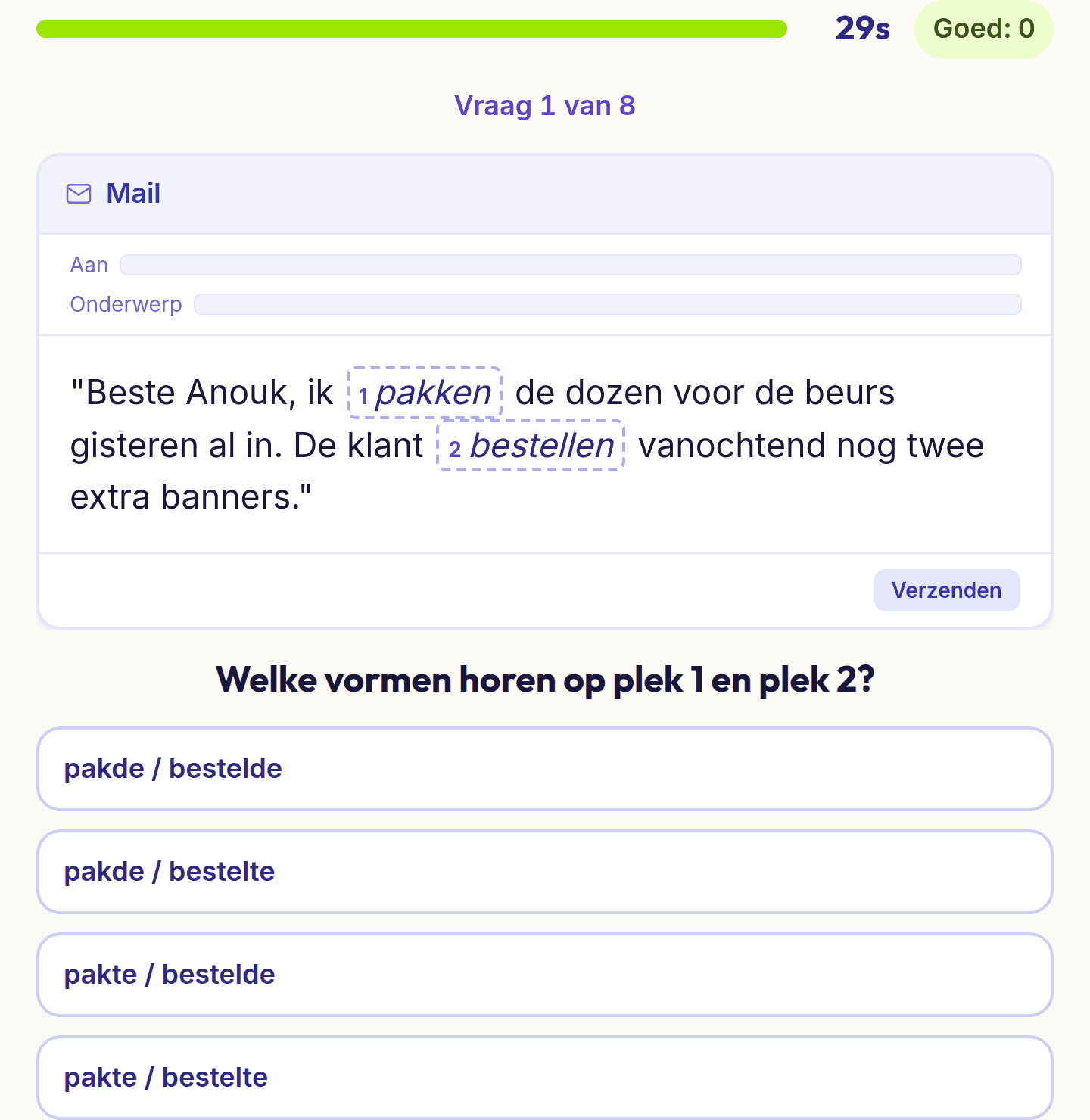 Een vraag uit de test werkwoordspelling: een mail met twee open plekken in de verleden tijd en vier combinaties van vormen