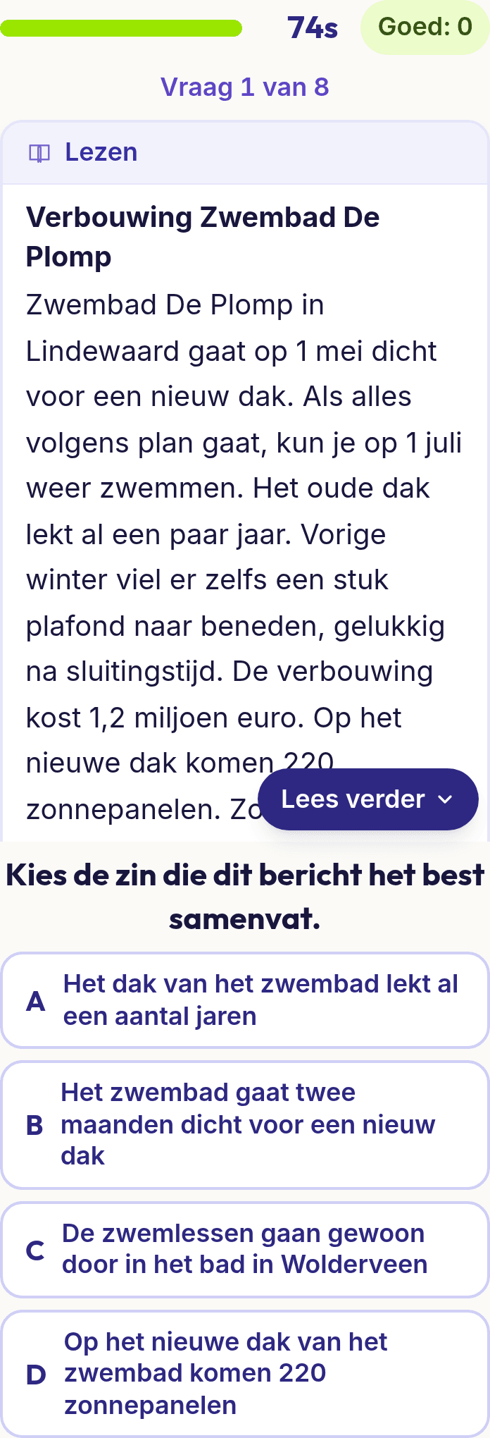 Een vraag uit Begrijpend lezen op een telefoon: een tekst in een leesvenster en vier antwoorden