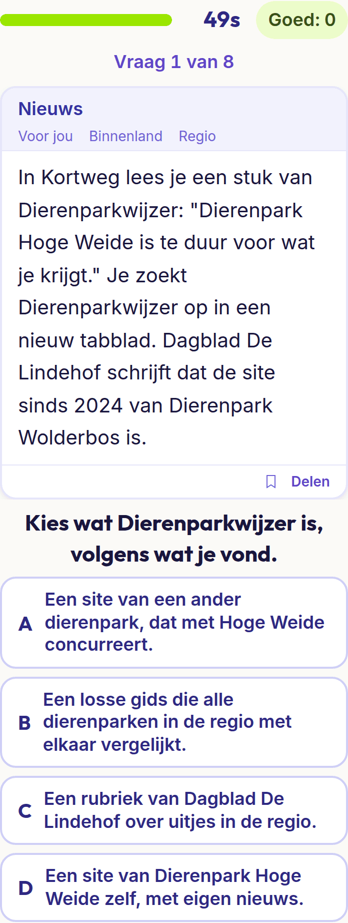 Een vraag uit Nieuws en bronnen checken op een telefoon: een bericht en vier antwoorden