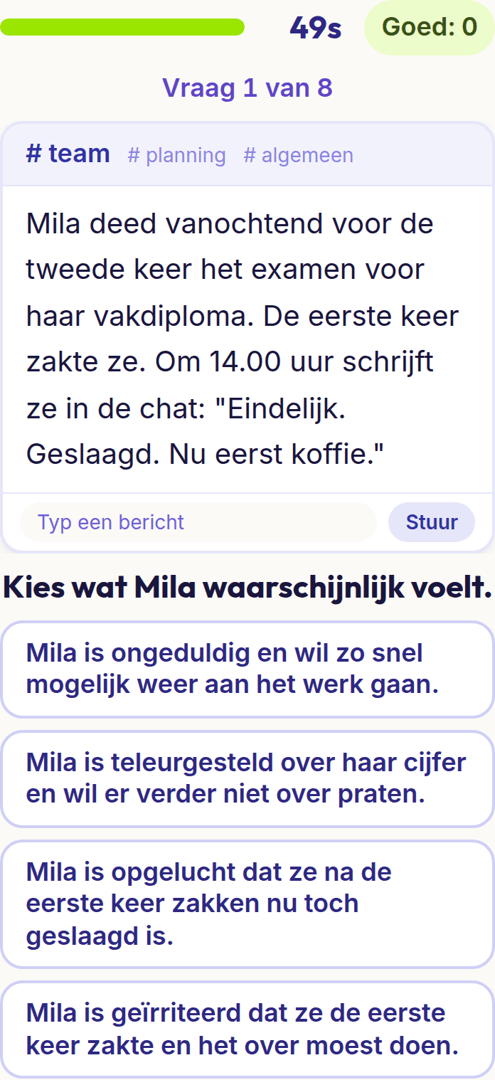 Een vraag uit Emoties lezen en reageren op een telefoon: een werksituatie en vier reacties