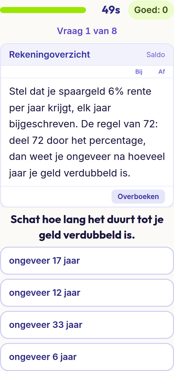 Een vraag uit Geldzaken op een telefoon: een rekenopgave over rente en vier bedragen