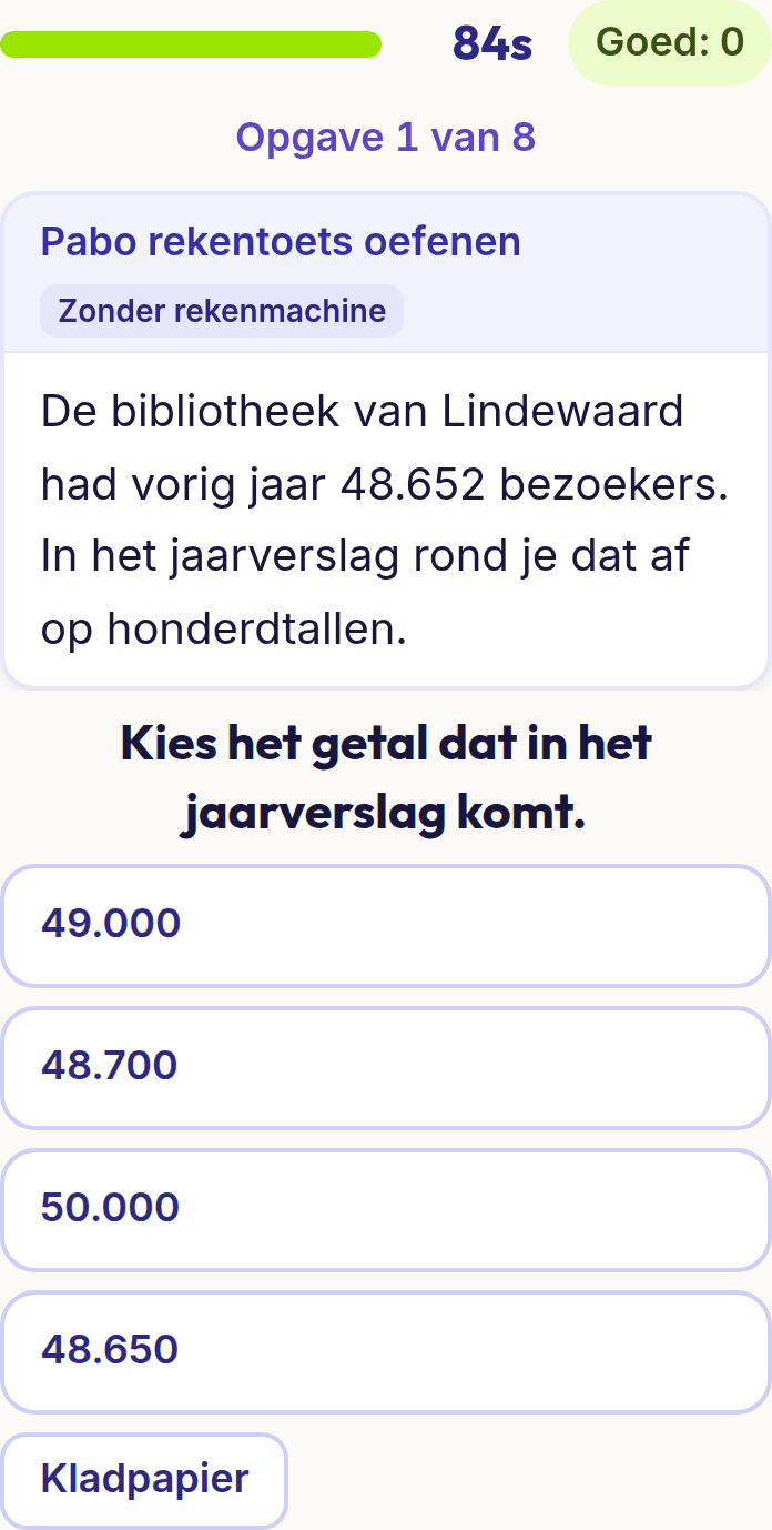Een opgave uit Pabo rekentoets oefenen op een telefoon: het oefentoetsscherm met een afrondopgave en vier antwoorden