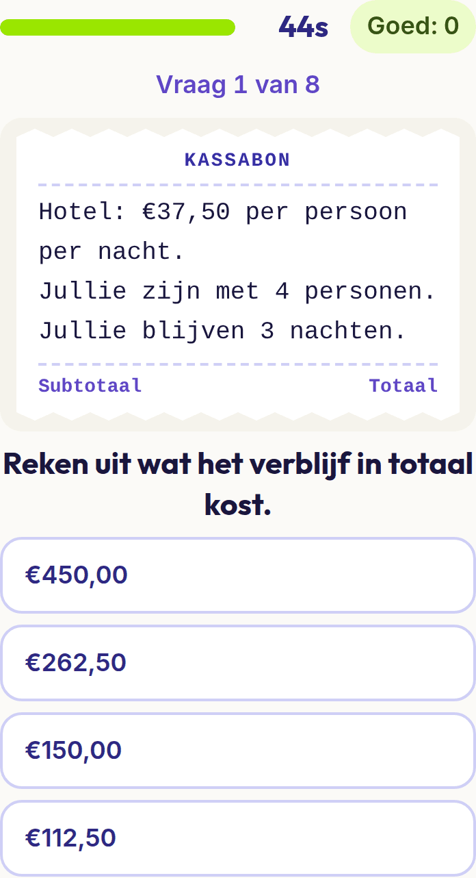 Een vraag uit rekenen op een telefoon: een hotelverblijf op een kassabon, met vier bedragen