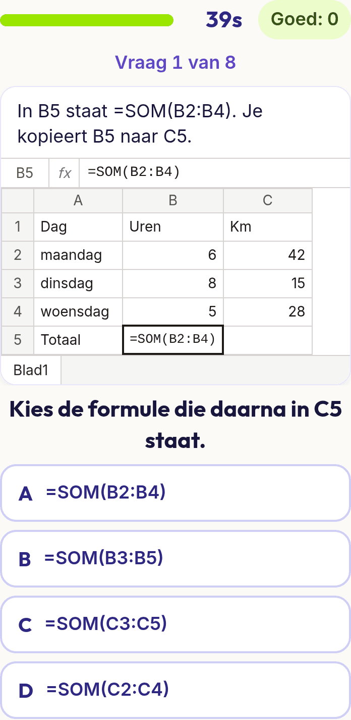 Een vraag uit Spreadsheets op een telefoon: een stuk blad met formulebalk en vier antwoorden om uit te kiezen