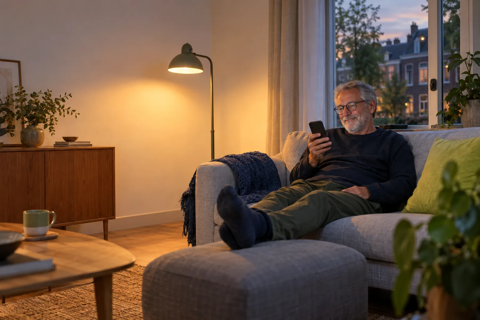 Een man met een bril ligt 's avonds op de bank onder een staande lamp en kijkt naar zijn telefoon