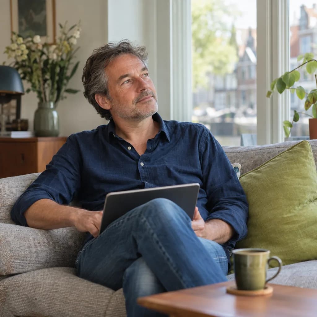 Een man op een bank bij het raam met een tablet op schoot en een kop thee naast zich kijkt nadenkend op