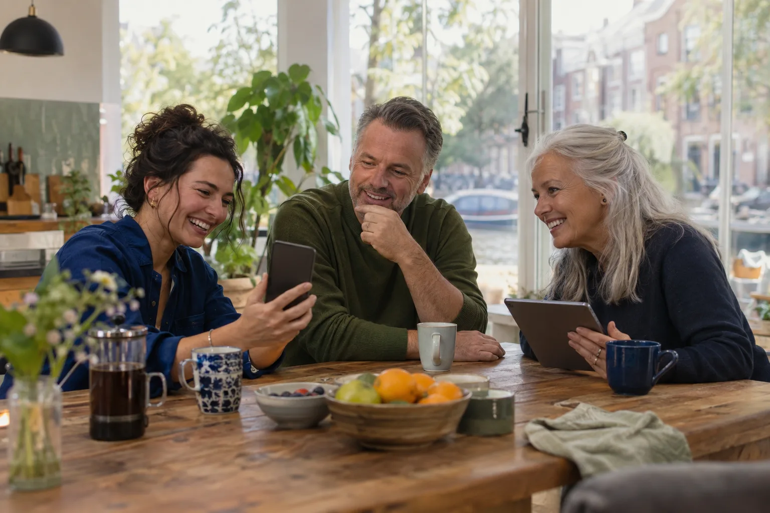 Drie mensen aan een keukentafel bij het raam lachen om iets op een telefoon en een tablet