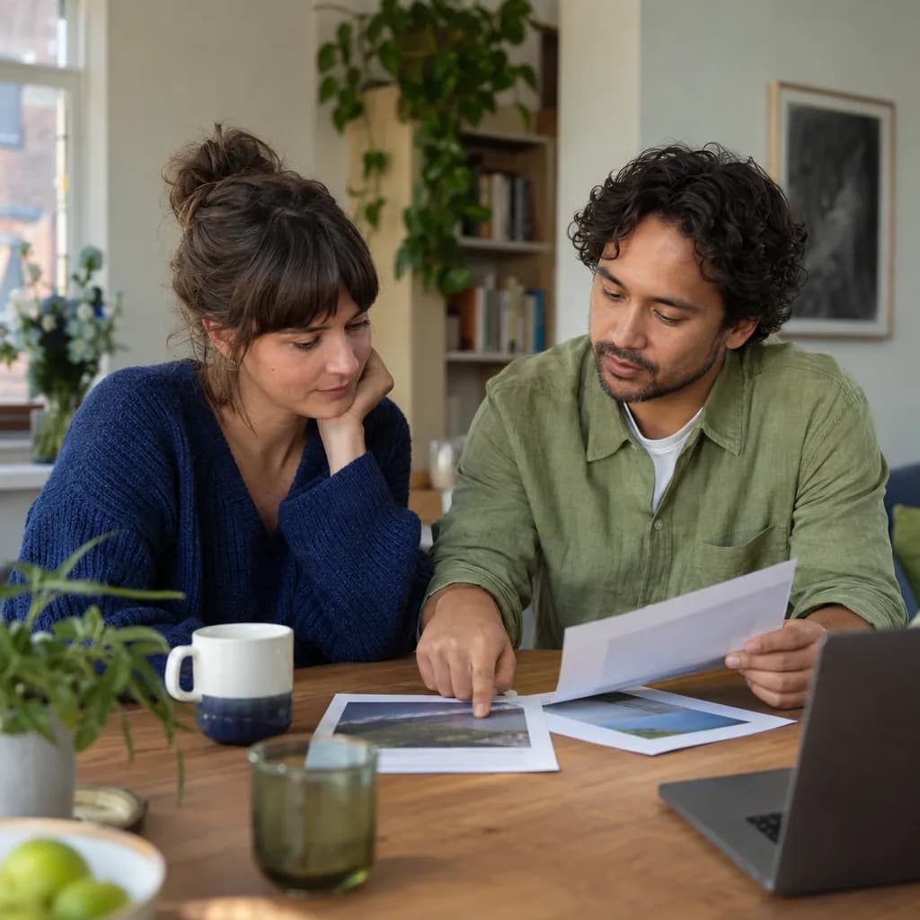 Twee mensen aan tafel bekijken samen een uitgeprint artikel; hij wijst iets aan