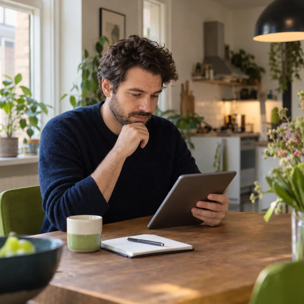 Een man aan de keukentafel leest op een tablet, met een notitieboekje en een mok naast zich