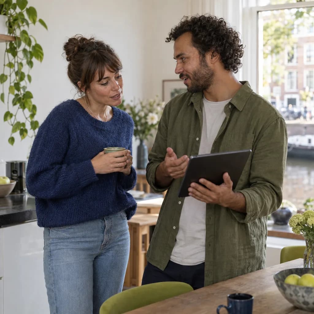 Een vrouw en een man praten met elkaar over iets op een tablet