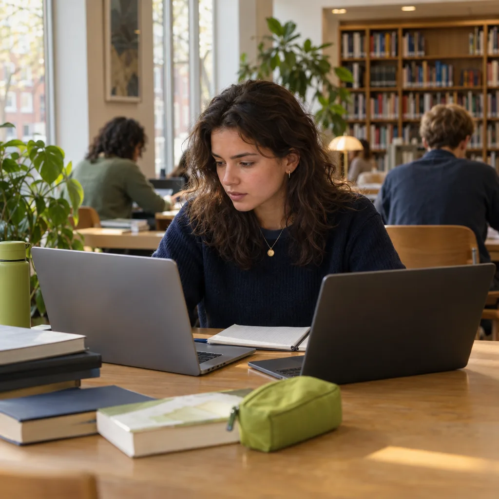 Een vrouw werkt aan een laptop in een bibliotheek