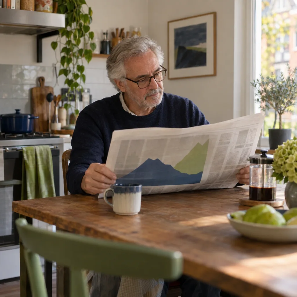 Een oudere man leest aan de keukentafel een krant met een grafiek