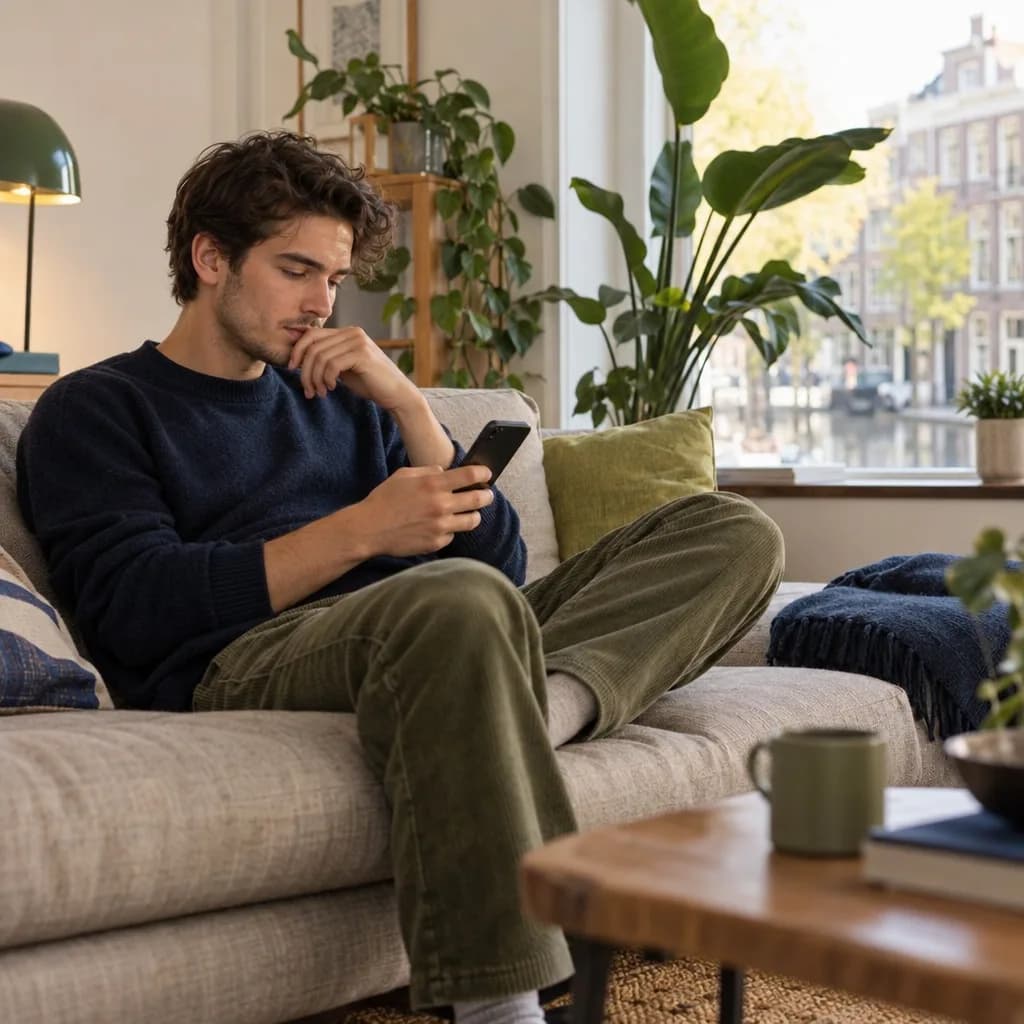 Een jonge man oefent op zijn telefoon op de bank
