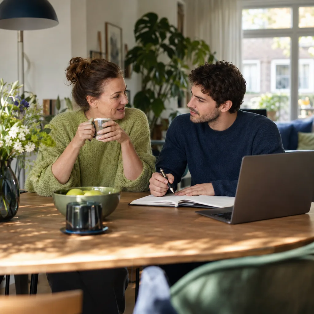 Een vrouw en een jongere man bespreken ontspannen een overzicht aan tafel