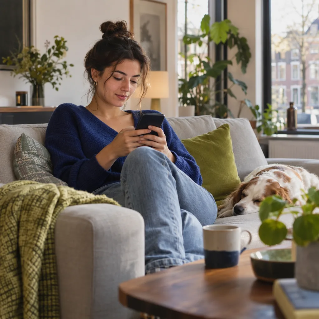 Een vrouw oefent op haar telefoon op de bank, met de hond naast zich