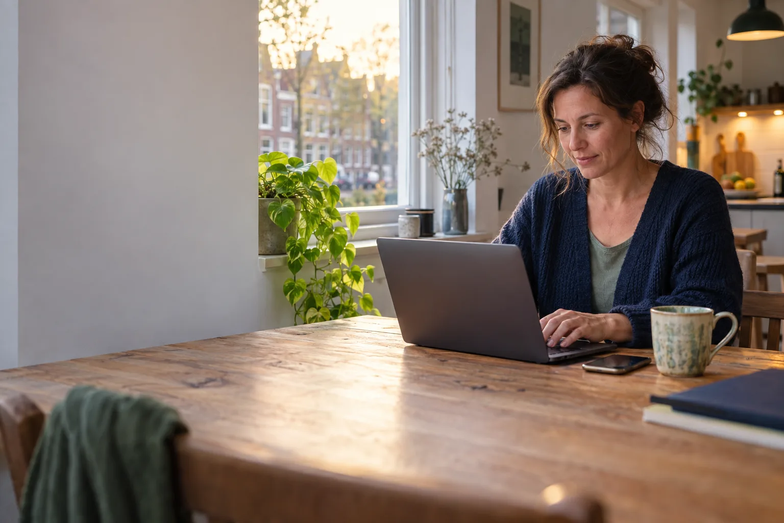 Een vrouw aan een houten keukentafel typt in de avond kalm een antwoord op haar laptop, met een telefoon en een mok naast zich