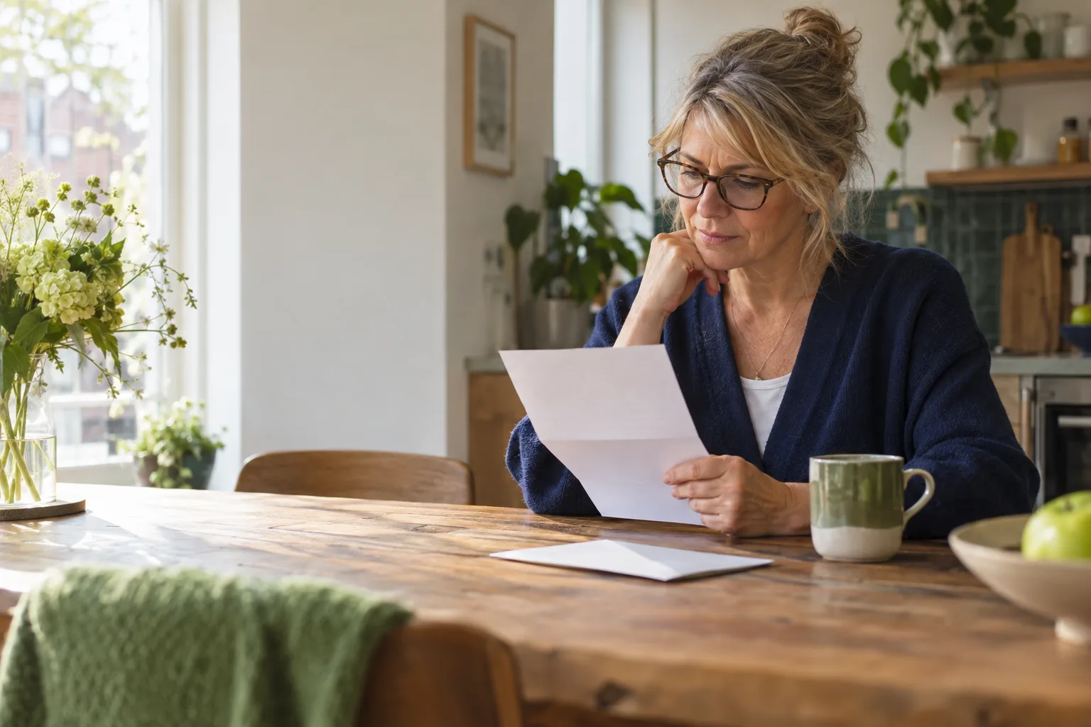 Een vrouw met een bril zit aan een houten tafel met een brief in haar hand en denkt na, met een groene mok naast zich