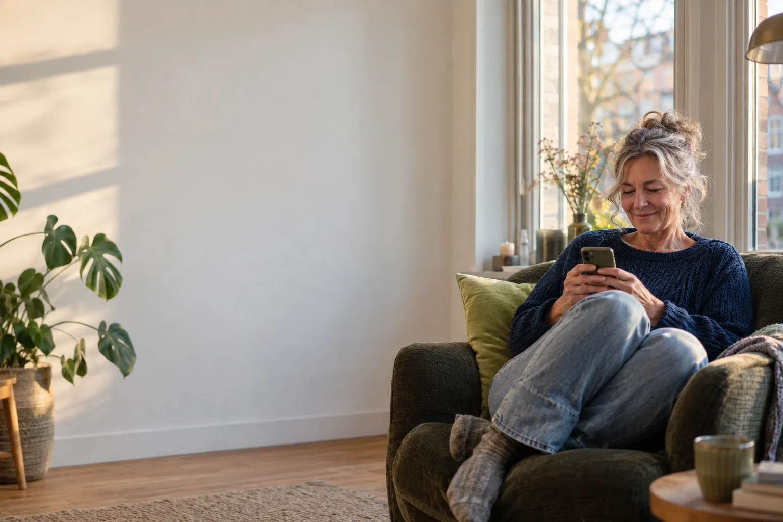 Een vrouw zit in een leunstoel bij het raam en kijkt glimlachend naar haar telefoon