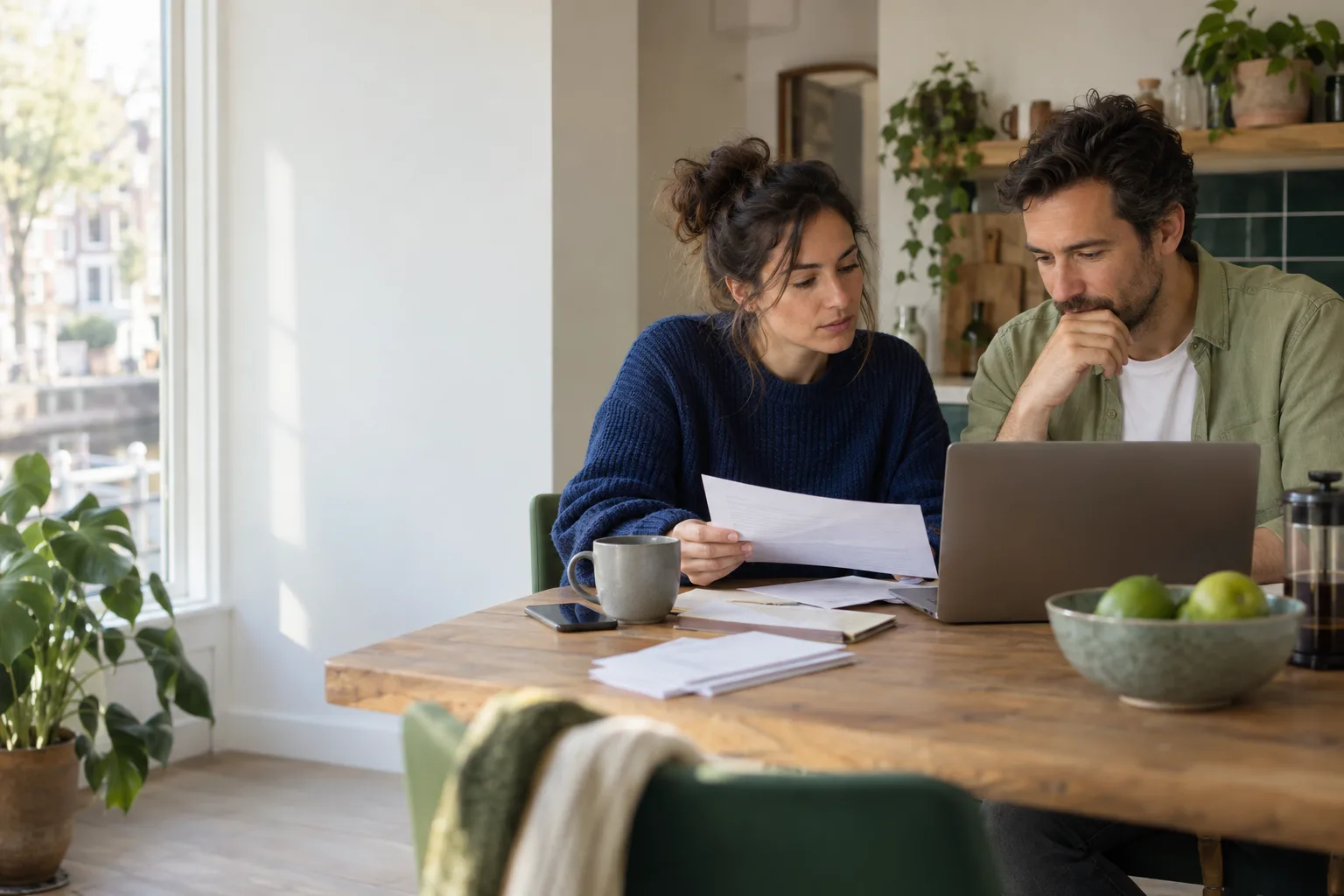 Een vrouw en een man lezen aan tafel thuis hun papieren door
