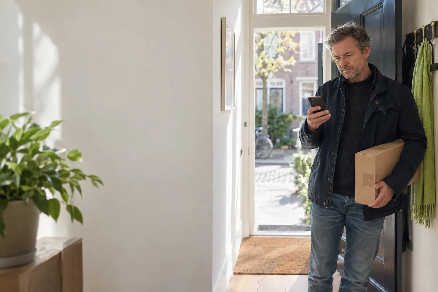 Een man staat in de gang bij de voordeur met een pakketje onder zijn arm en leest kritisch een bericht op zijn telefoon
