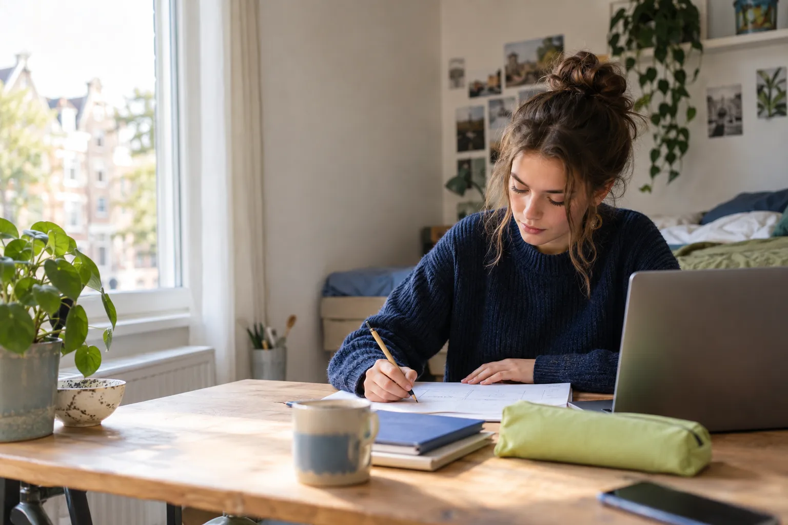 Een jonge vrouw in een donkerblauwe trui werkt aan een houten tafel in een lichte studentenkamer een som uit op papier, met een laptop en een groen etui naast zich