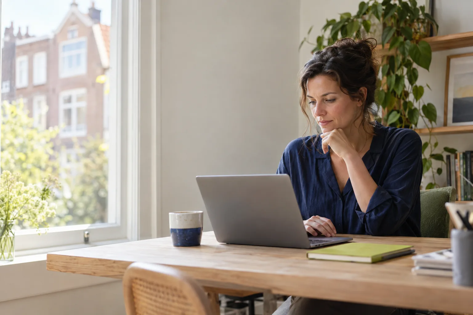 Een vrouw aan een bureau thuis leest haar bericht op de laptop nog een keer na voordat ze het verstuurt