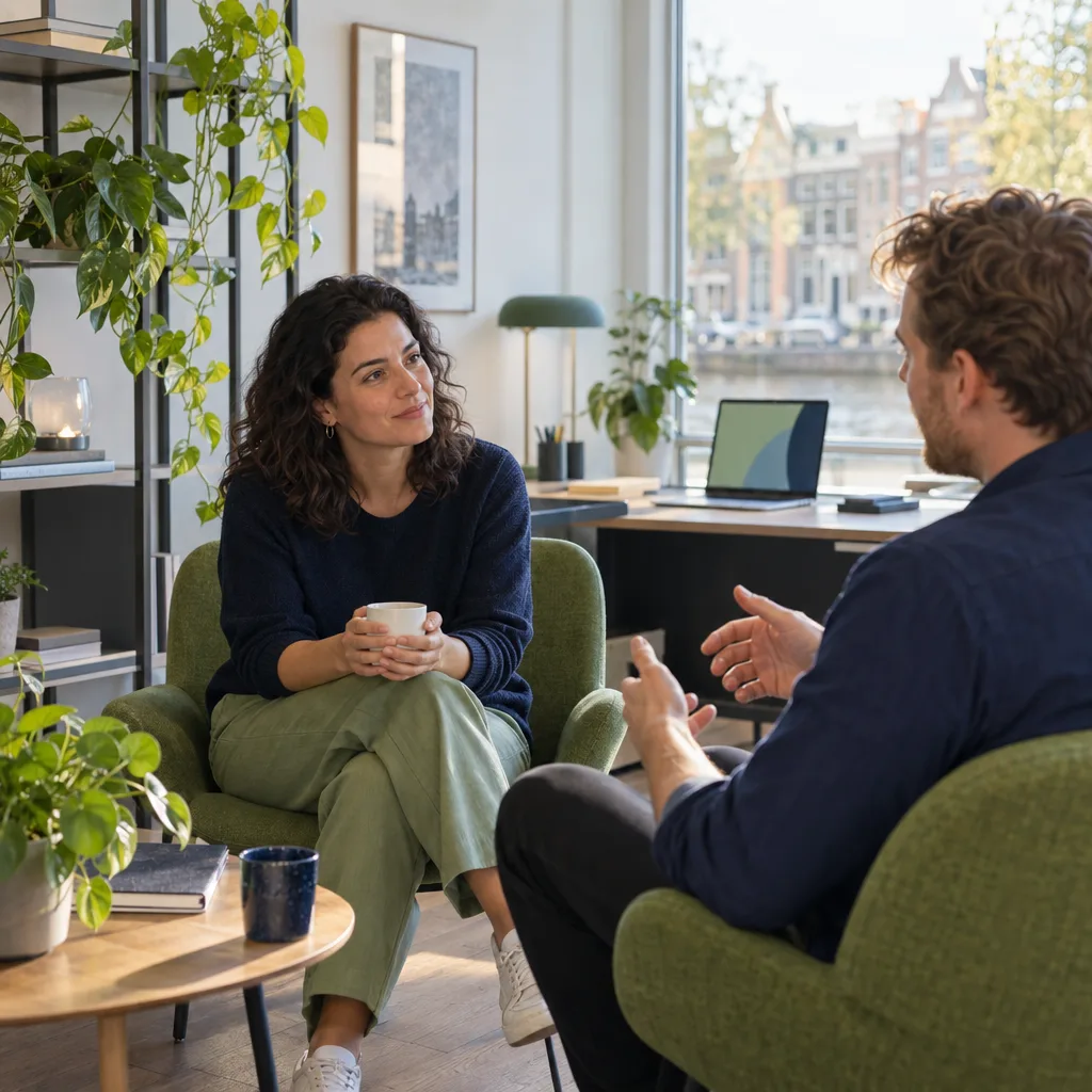 Een vrouw met een kop koffie luistert in een groene stoel naar een collega die iets uitlegt, in een licht kantoor aan het water