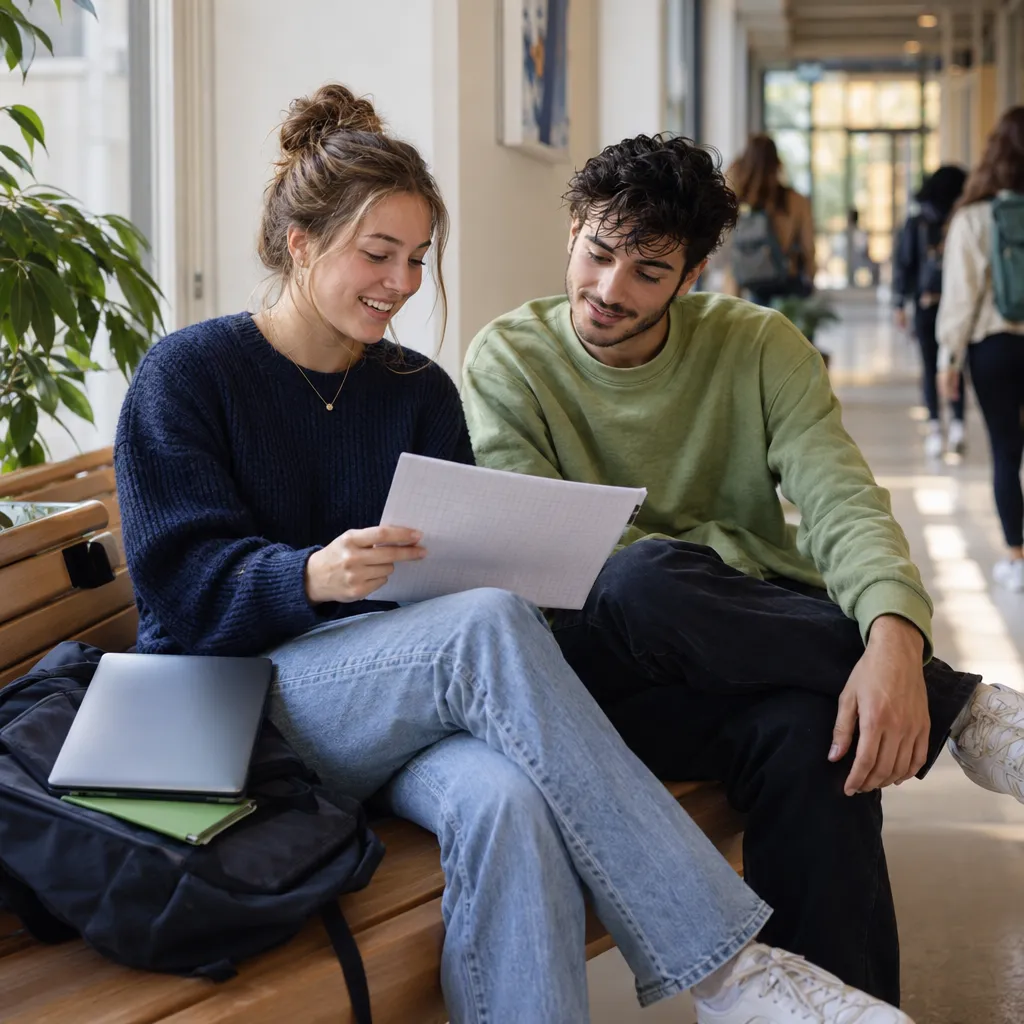 Twee studenten op een bank in een lichte schoolgang bekijken samen een vel papier en glimlachen, met een dichtgeklapte laptop op een tas