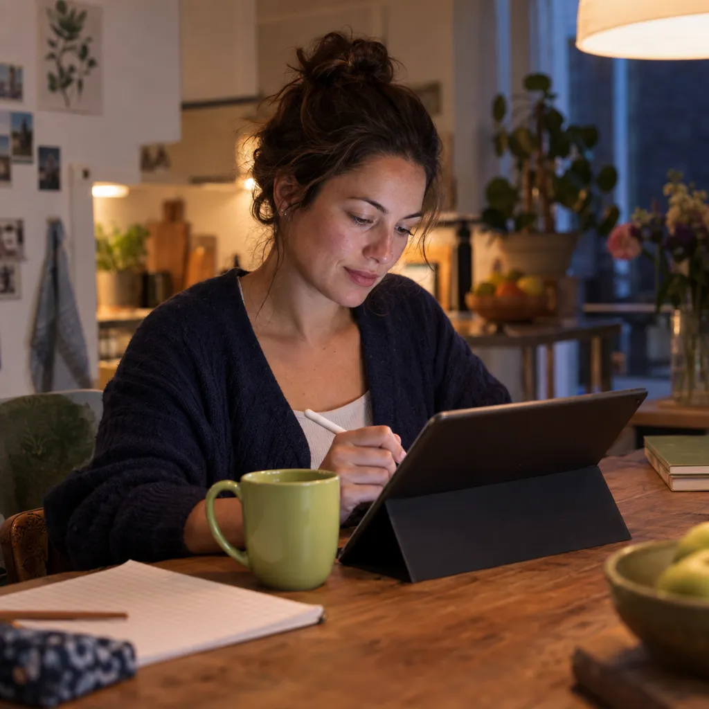 Een vrouw in een donkerblauw vest oefent aan de keukentafel op een tablet, met een groene mok en een vel ruitjespapier naast zich