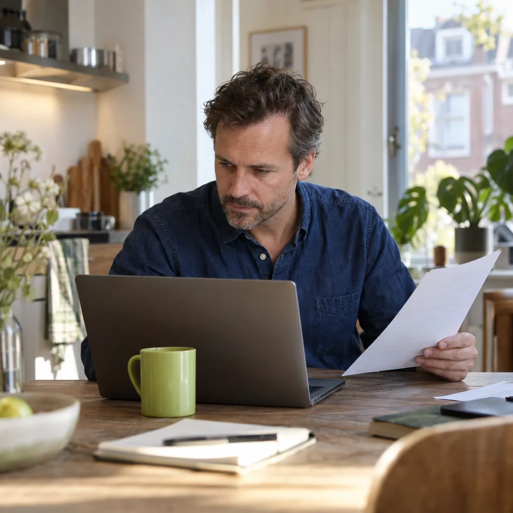 Een man in een donkerblauw overhemd aan de keukentafel houdt een uitgeprint vel naast zijn laptop en kijkt er kritisch naar, met een groene mok voor zich