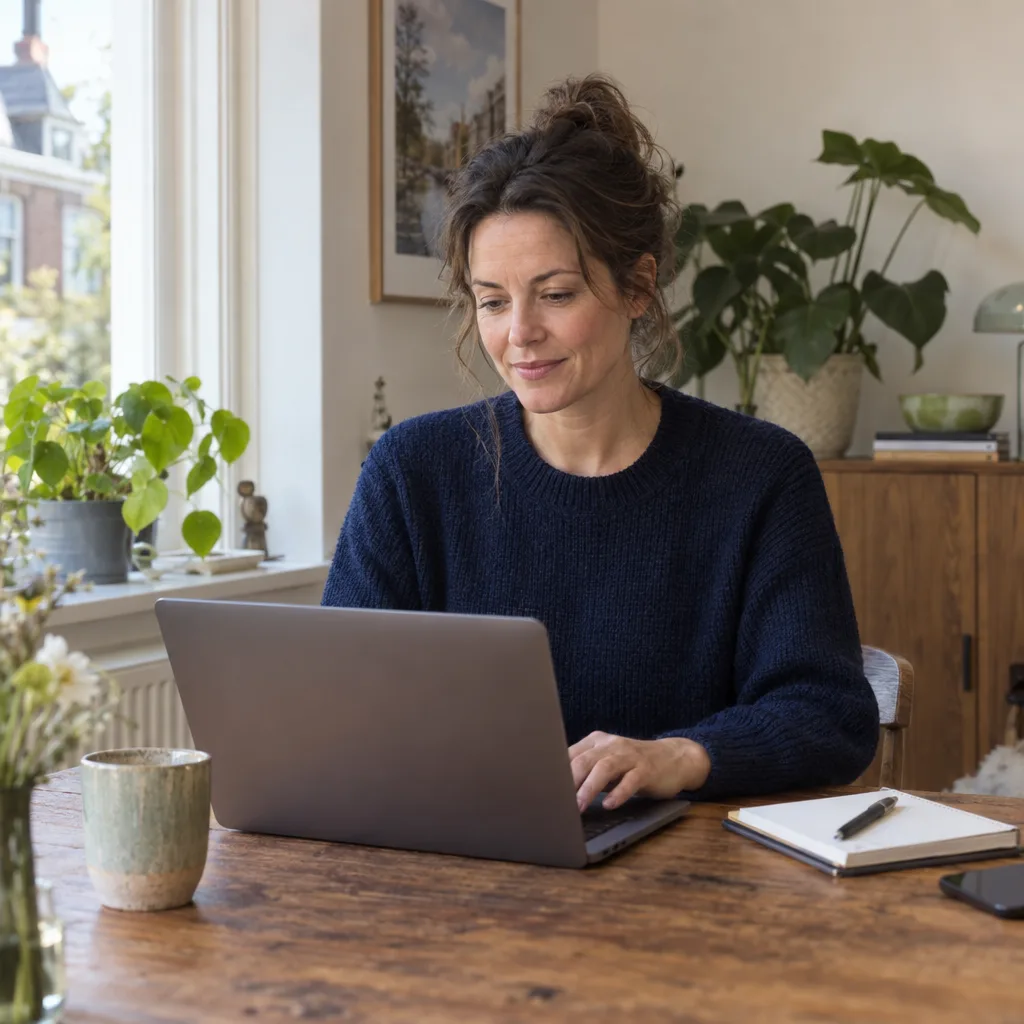 Een vrouw in een donkerblauwe trui typt rustig een antwoord op haar laptop, met een notitieboek en een pen naast zich