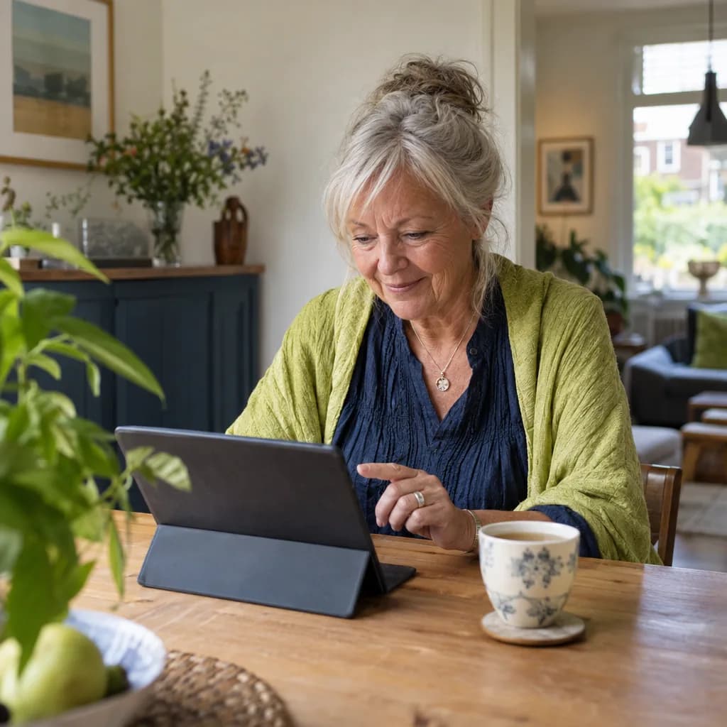 Een vrouw met grijs opgestoken haar zit aan de eettafel en tikt met een glimlach op een tablet, met een kop thee ernaast