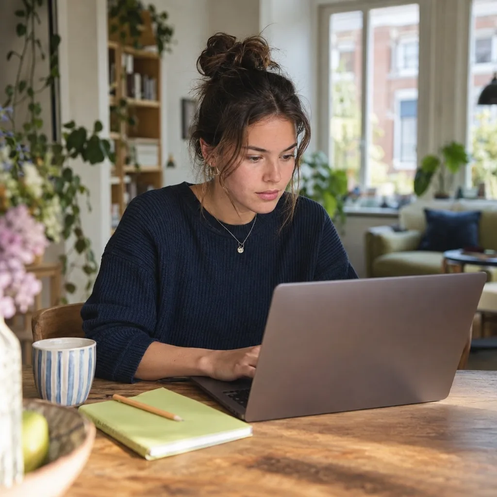 Een jonge vrouw aan een tafel maakt geconcentreerd een test op haar laptop, met een kladblok naast zich