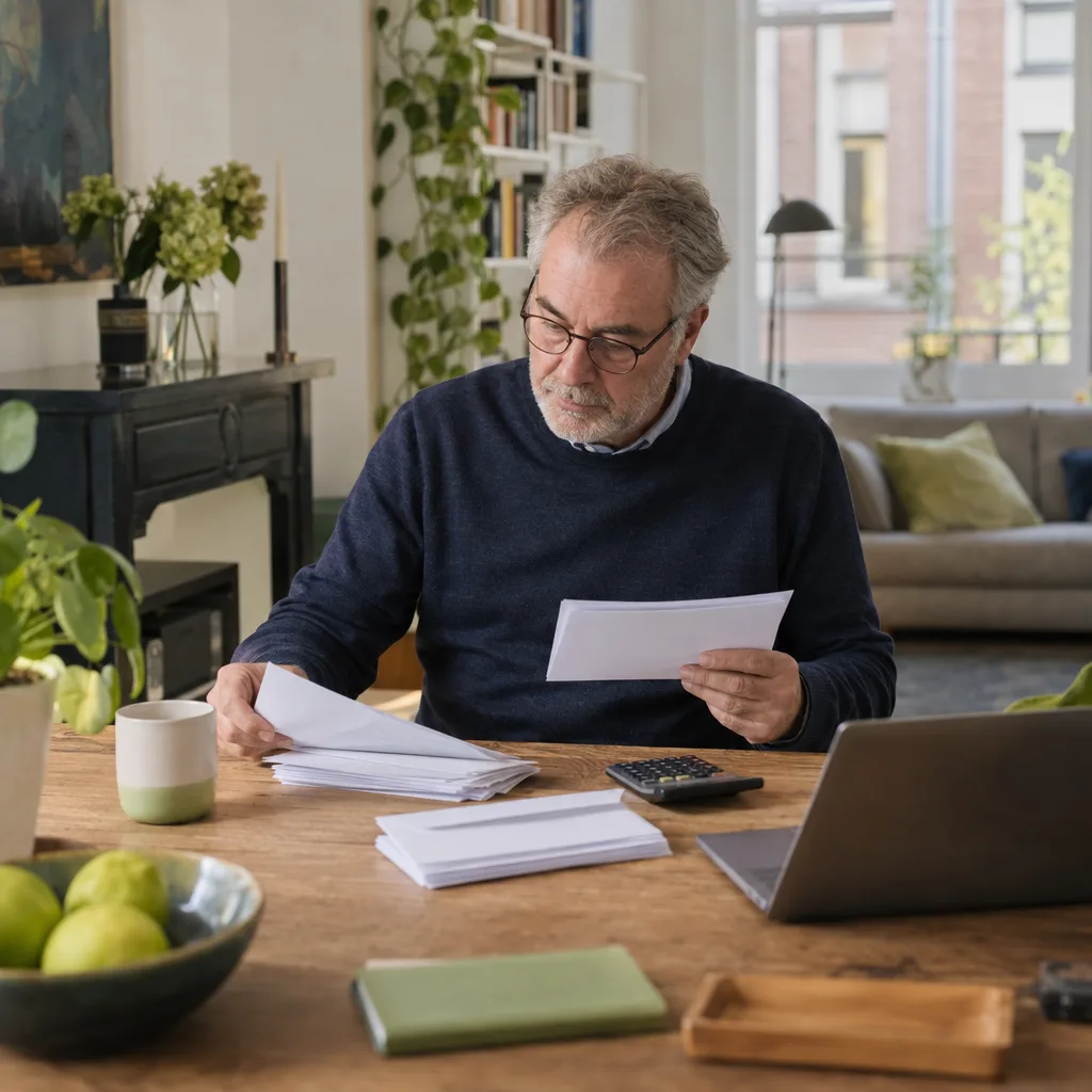 Een man van in de vijftig leest aan tafel een brief, met een rekenmachine naast zich