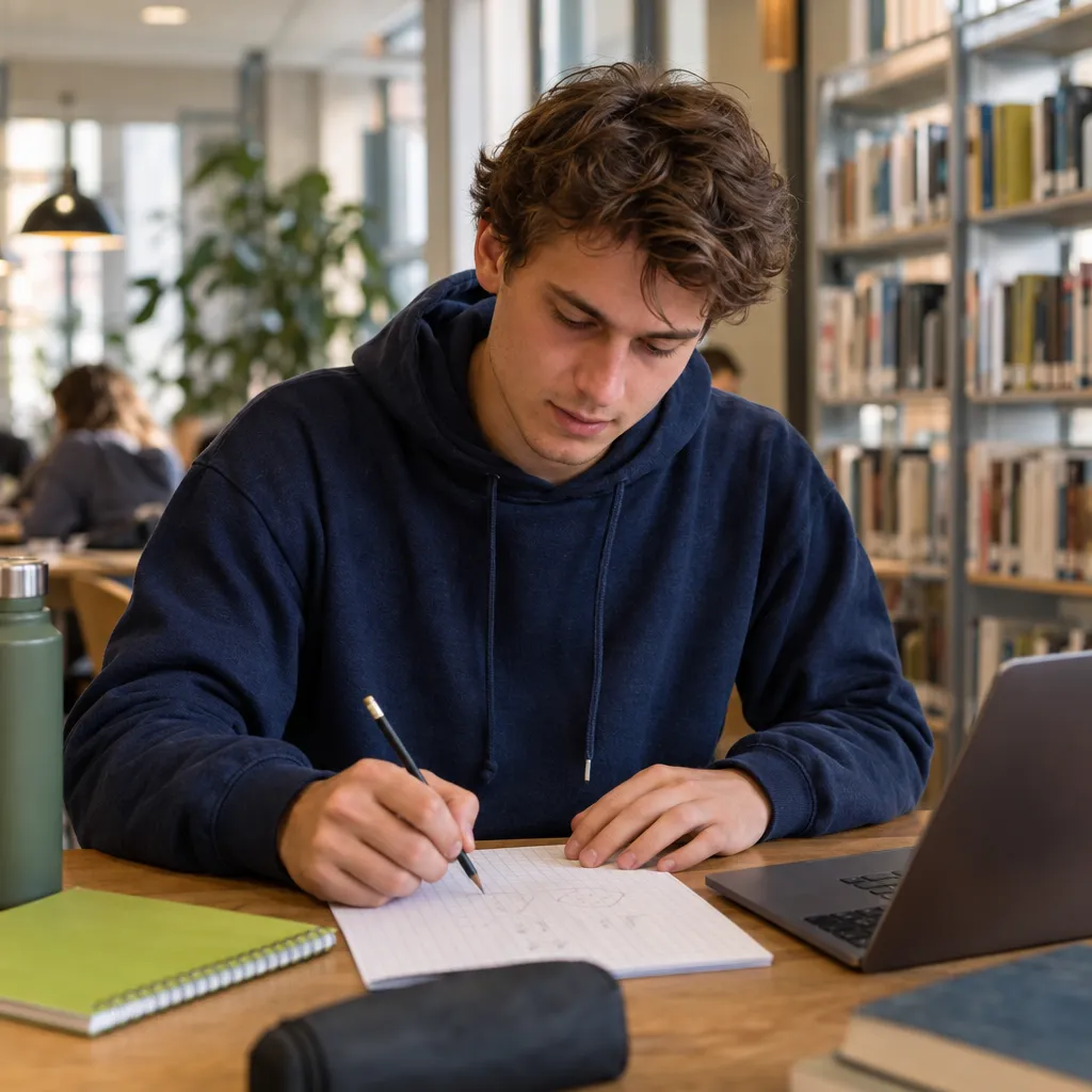 Een jonge man in een donkerblauwe hoodie werkt in een bibliotheek sommen uit op ruitjespapier, met zijn laptop naast zich