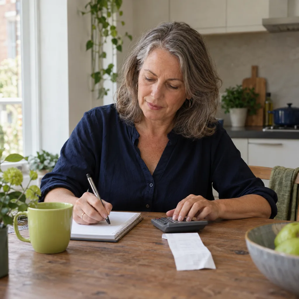 Een vrouw aan de keukentafel rekent een kassabon na met een rekenmachine naast zich