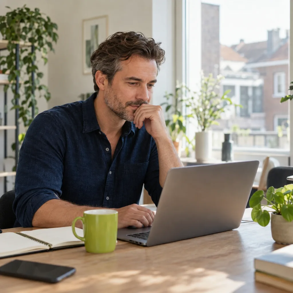 Een man aan een bureau leest een mail op zijn laptop na voordat hij hem verstuurt