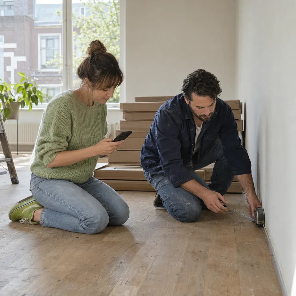 Twee mensen op een kale houten vloer meten met een rolmaat een kamer op