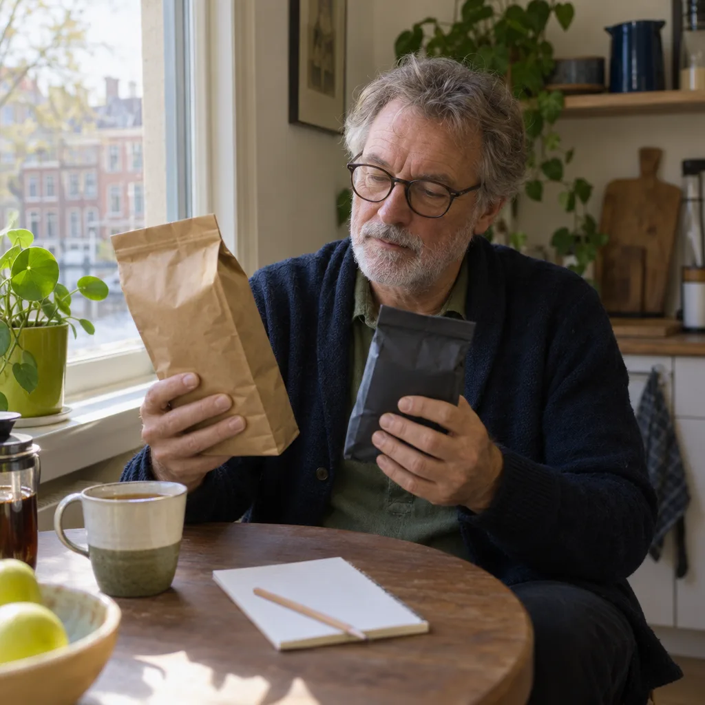 Een man aan een tafeltje bij het raam vergelijkt twee pakken koffie van verschillende grootte