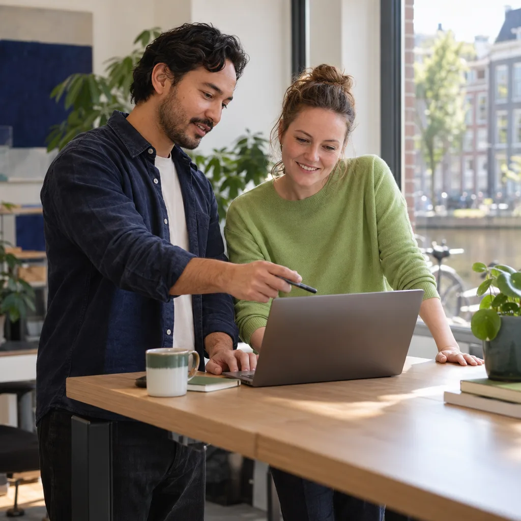 Twee collega’s staan aan een hoge tafel bij het raam en kijken samen naar een laptop; hij wijst met een pen iets aan op het scherm